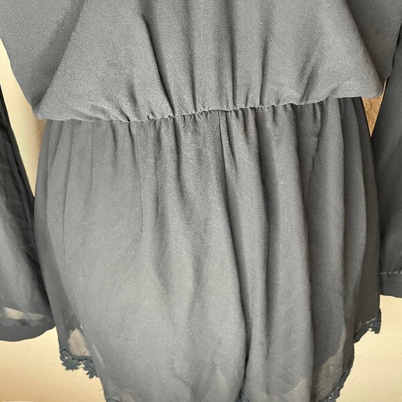 Astr Black Sheer Long Sleeve Floral Crochet Pleated Shorts Romper Boho Sz Med - Picture 5 of 13